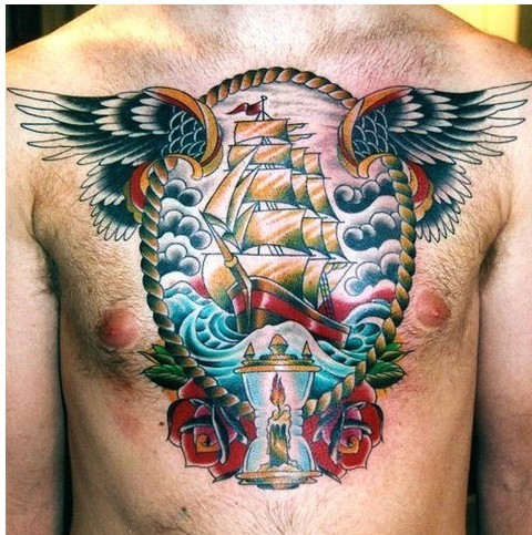 胸部old school帆船与绳子和翅膀纹身图案