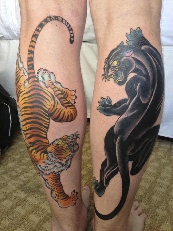 黑豹和老虎小腿纹身图案