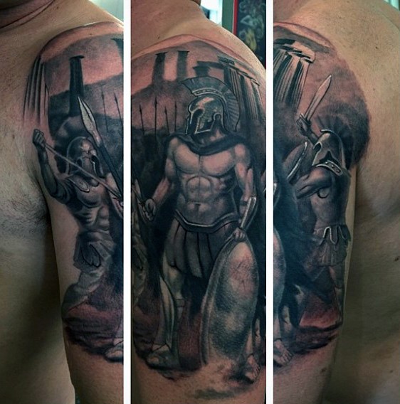 大臂华丽的黑色古希腊勇士纹身图案