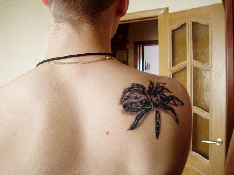肩部超逼真的黑色蜘蛛纹身图案