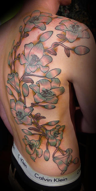 男子背部树枝与花朵纹身图案