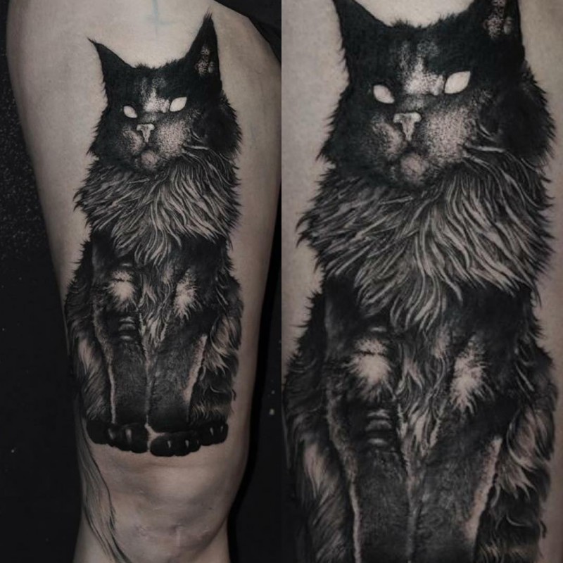 大腿点刺风格邪恶大黑猫纹身图案