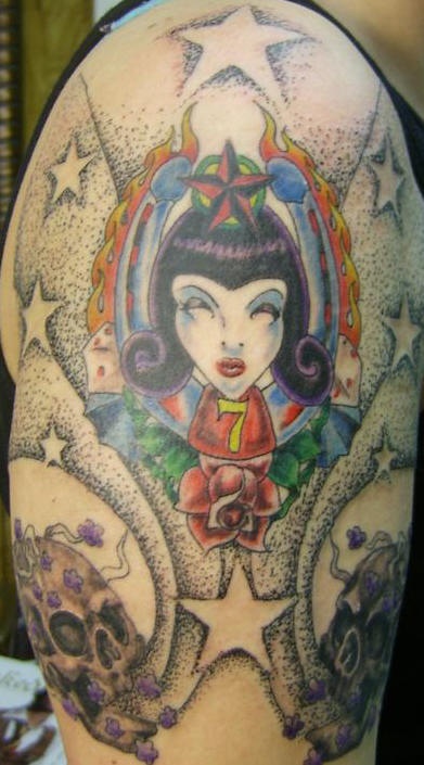 手臂女孩和玫瑰骷髅星星纹身图案