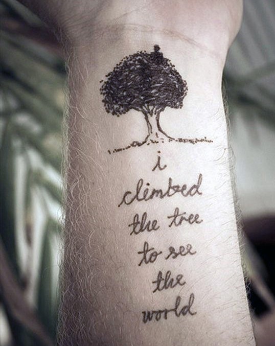 手腕简单浪漫的黑色树与字母纹身图案
