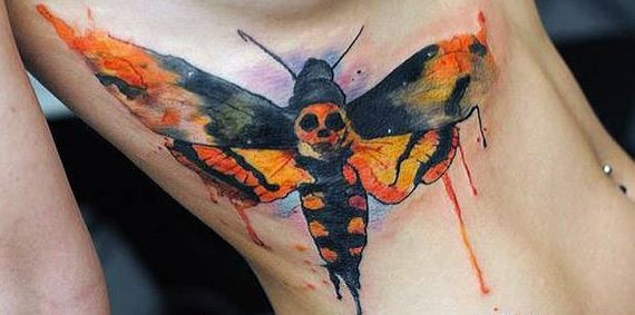 侧肋水彩画风格蝴蝶骷髅纹身图案