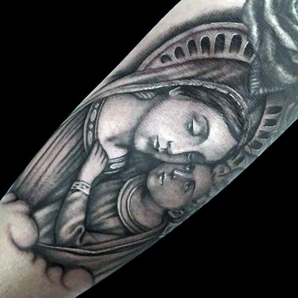 手臂黑色宗教风格圣母纹身图案