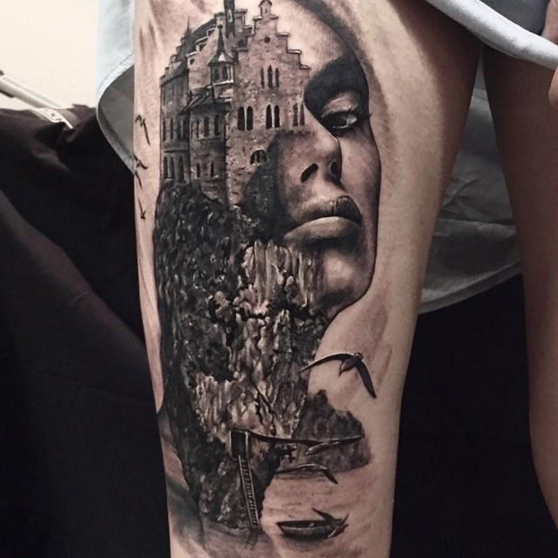 大腿黑白城堡岩石与女性肖像纹身图案