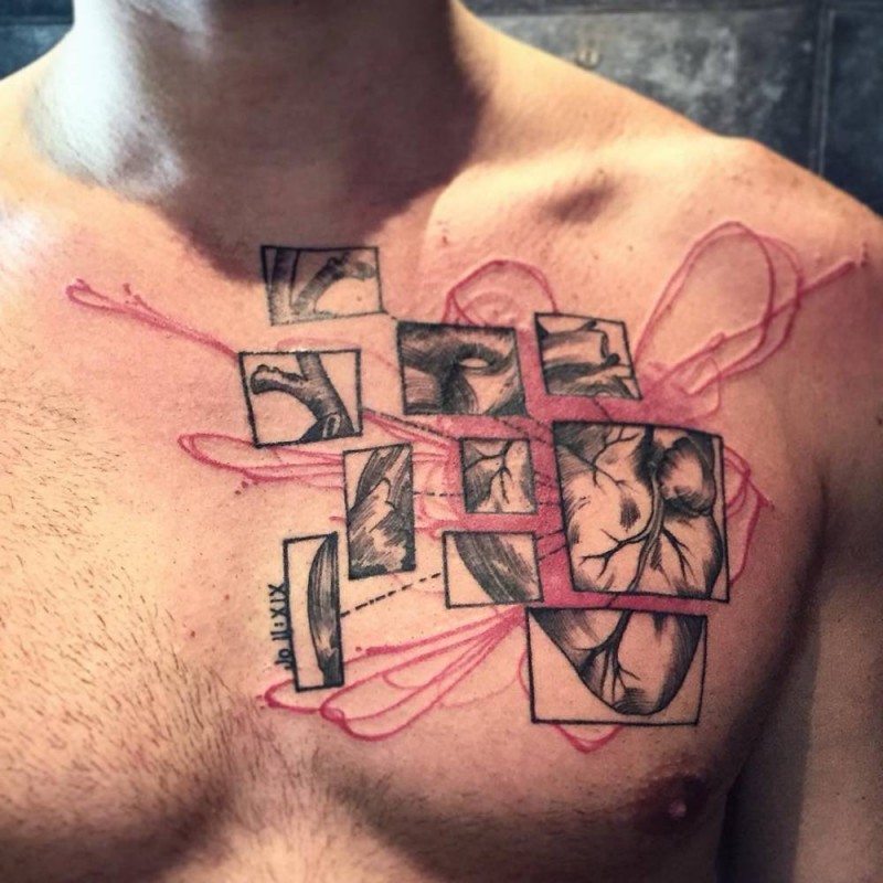 胸部几何分割心脏纹身图案