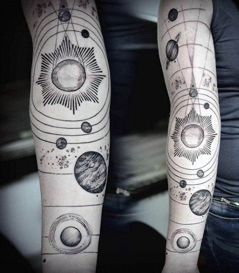 小臂科学太阳能系统星球纹身图案