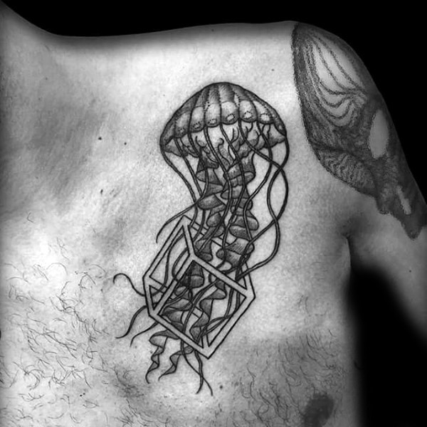 肩部黑色水母与立方体纹身图案