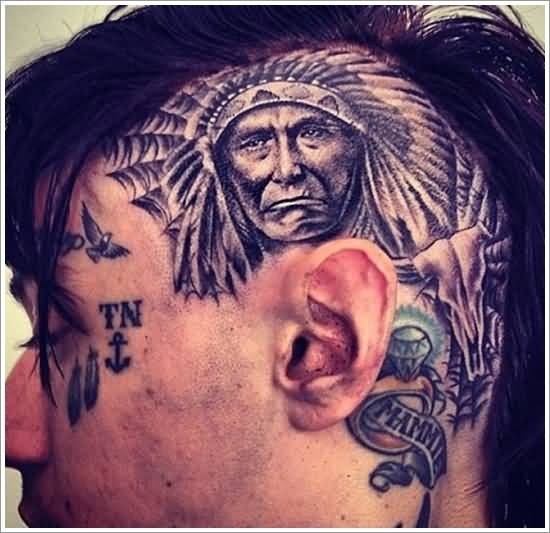 头部华丽的写实印第安人肖像纹身图案