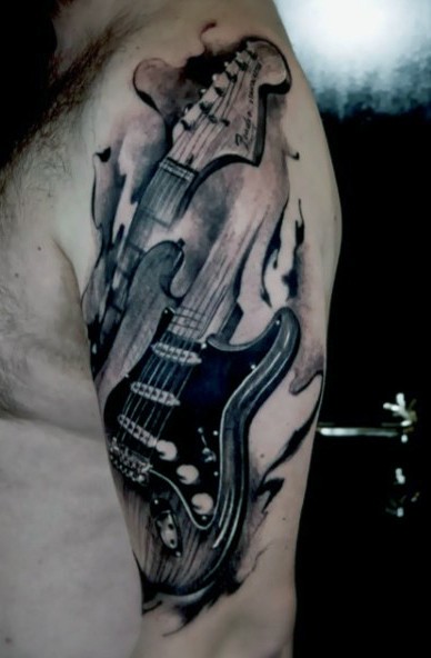 大臂欧美黑灰吉他纹身图案
