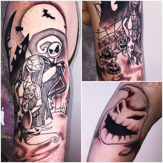 手臂黑色的僵尸夫妇与城堡和蝙蝠纹身图案