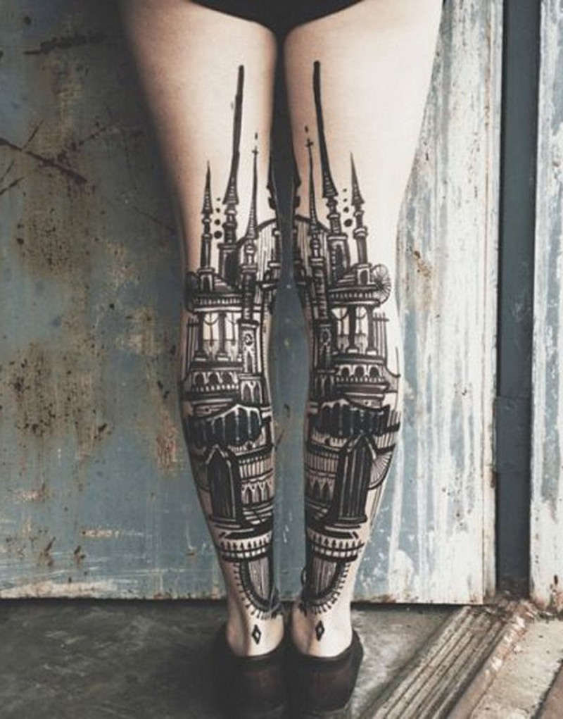 优雅风格的黑白建筑小腿纹身图案
