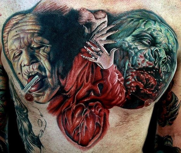 胸部彩色恐怖风格各种怪物心脏纹身图案