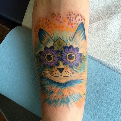 有趣的童话猫与花卉眼睛纹身图案