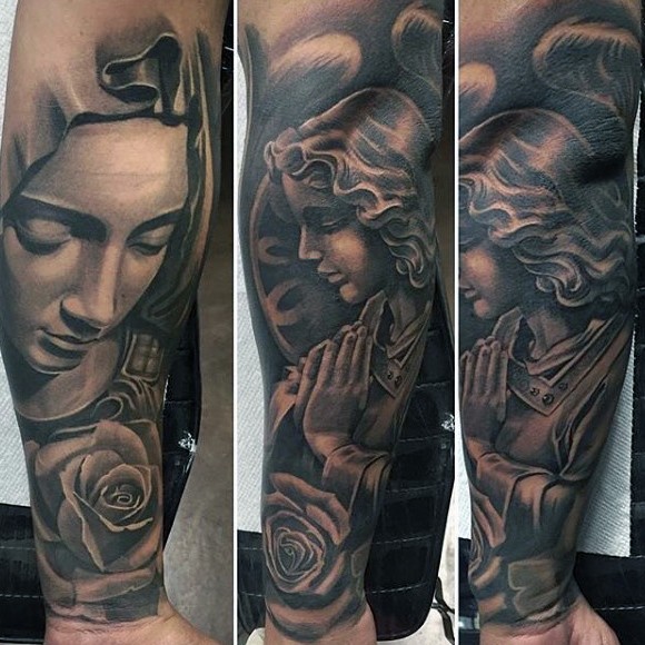 手臂黑灰风格有趣玫瑰祈祷妇女纹身图案