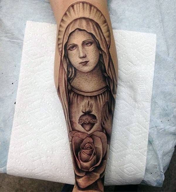 点刺风格黑色圣母与玫瑰纹身图案
