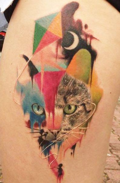水彩风格猫和几何纹身图案