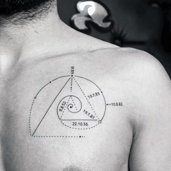 胸部微小的科学几何符号黑色线条纹身图案