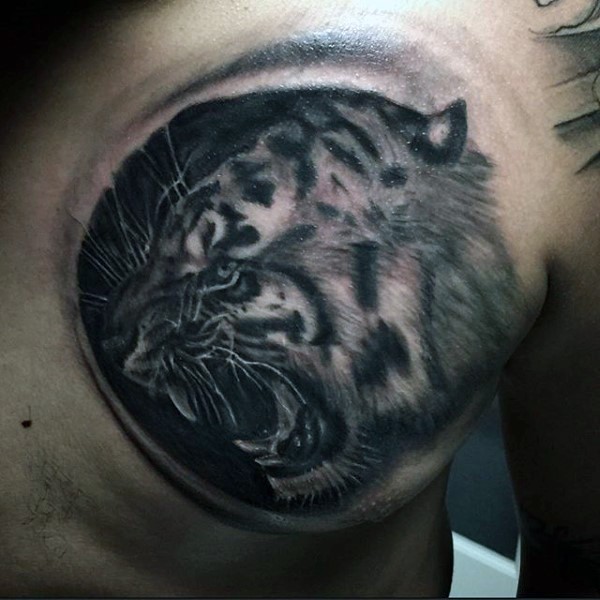 胸部写实风格黑白老虎头部纹身图案