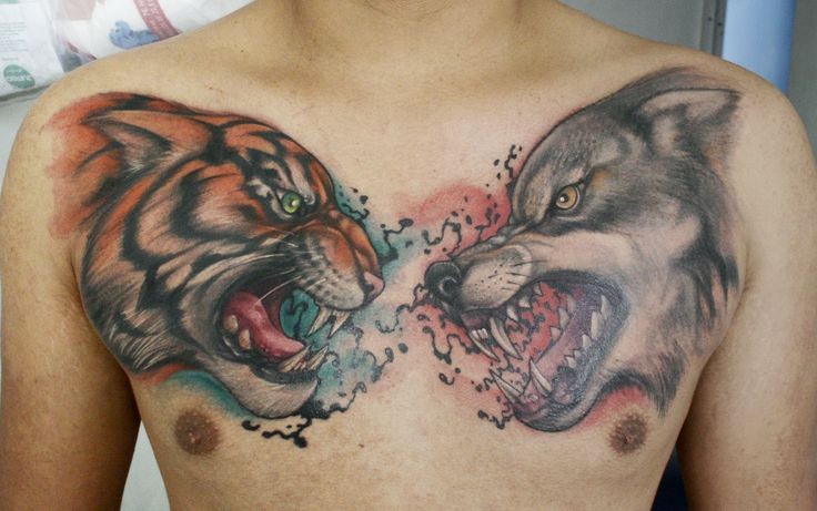 老虎和狼头胸部纹身图案