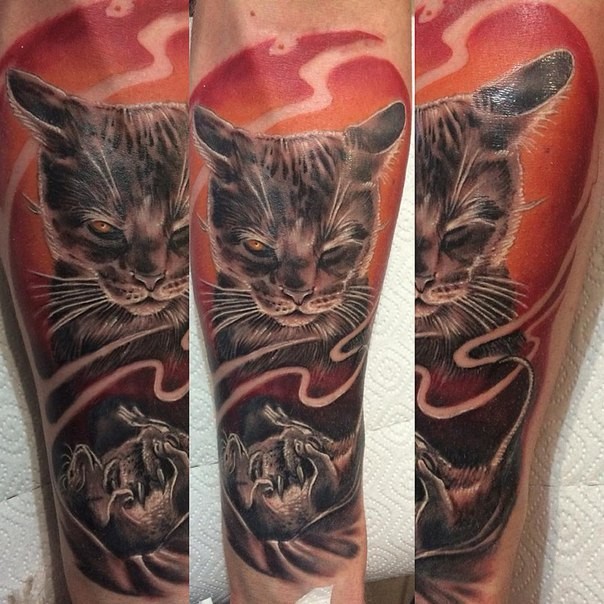 手臂恶魔猫个性纹身图案