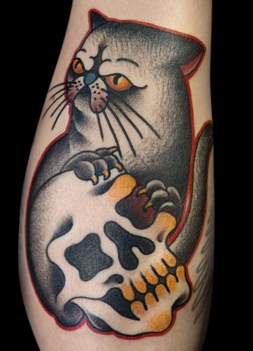 猫与骷髅纹身图案