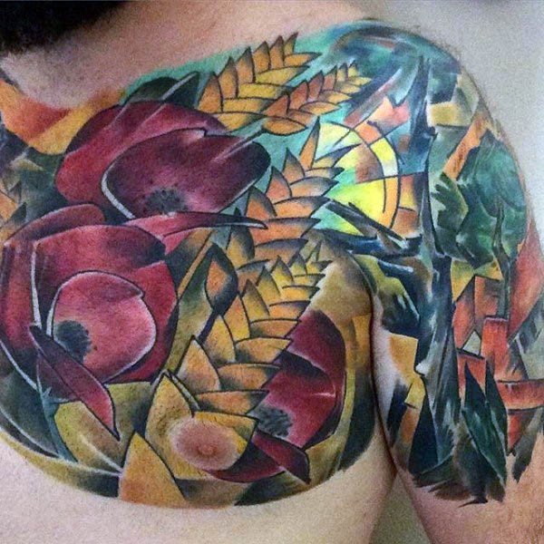 胸部奇妙的五彩花朵植物纹身图案