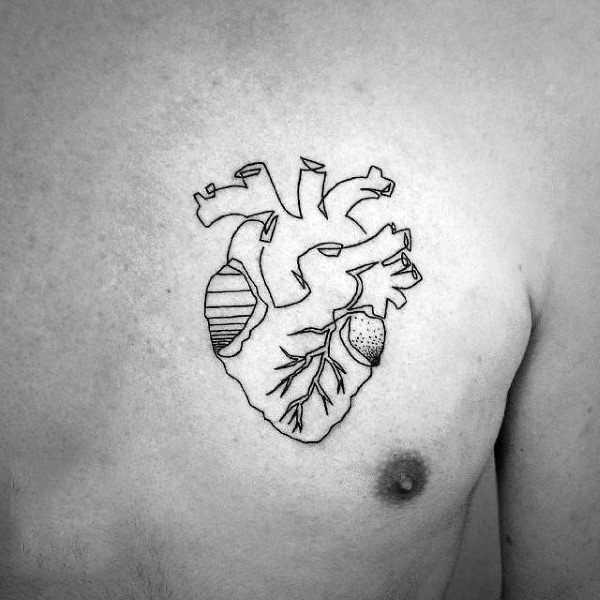 胸部简单的黑色线条心脏纹身图案