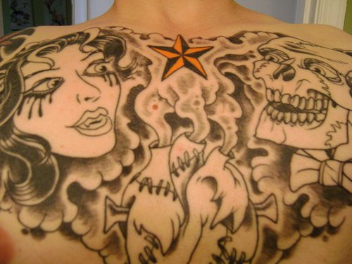 女孩肖像与骷髅五角星纹身图案
