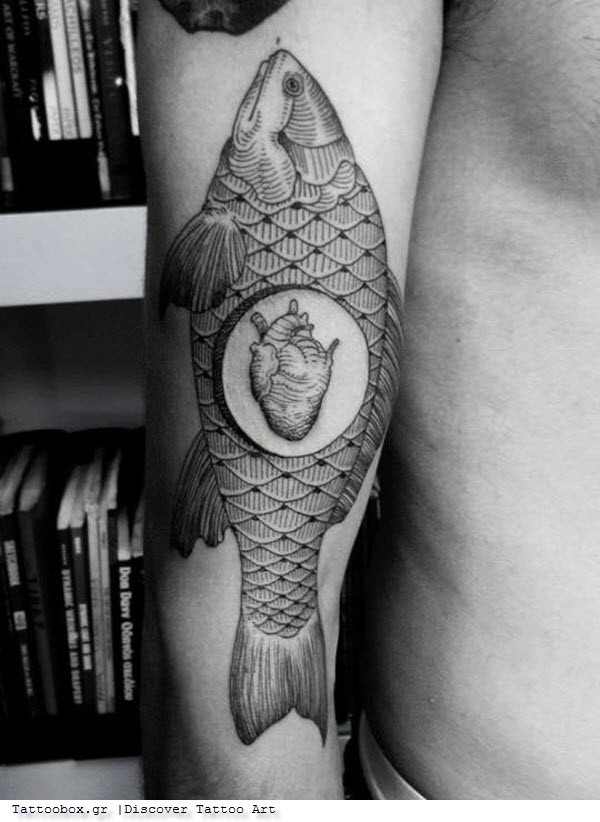 手臂组合黑色鱼与人类的心脏纹身图案