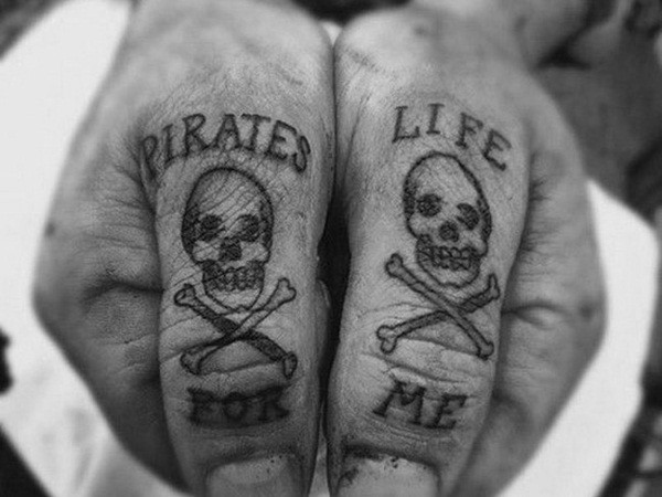 手指黑色海盗骷髅与交叉骨头字母纹身图案