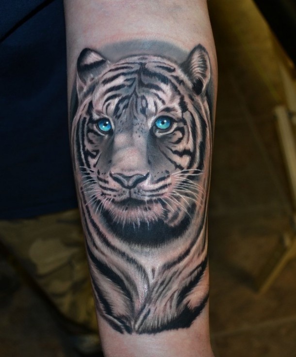 微笑的老虎头像与蓝眼睛手臂纹身图案