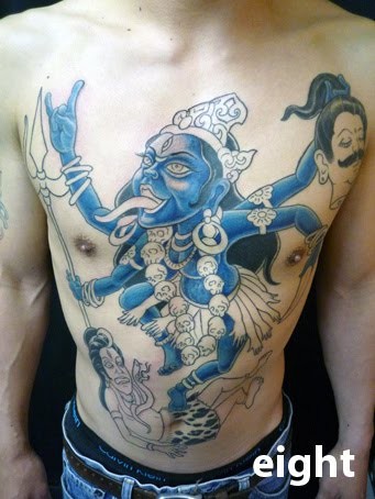 胸部和腹部半色印度教神像纹身图案