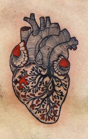黑色与红色的树心脏纹身图案