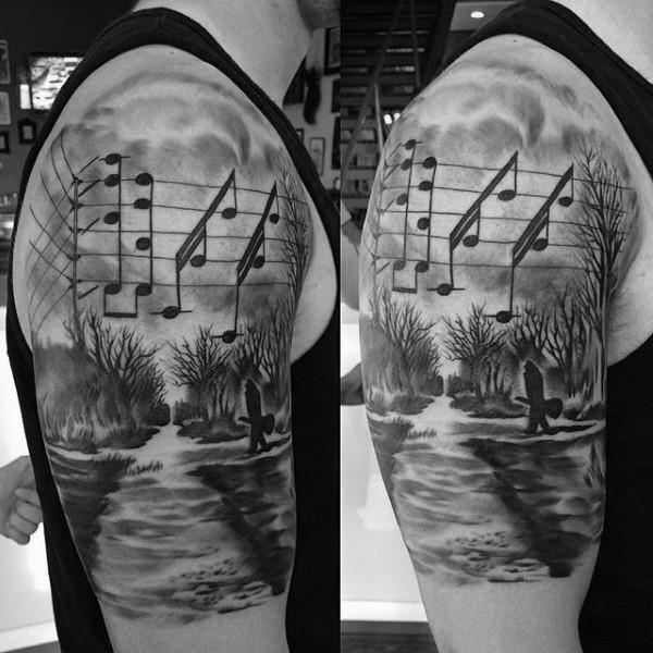 大臂孤独的音乐家与音符风景纹身图案