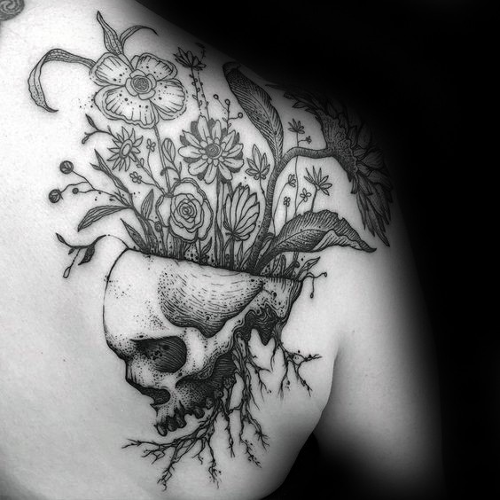 臂部雕刻风格黑色骷髅花朵纹身图案