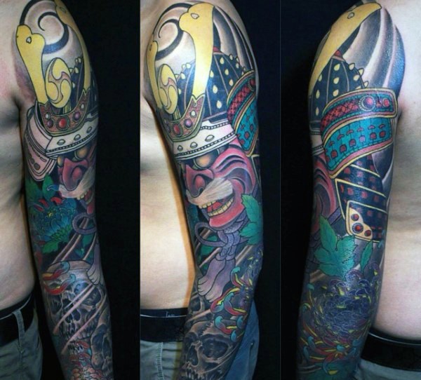 手臂梦幻卡通彩色恶魔武士纹身图案