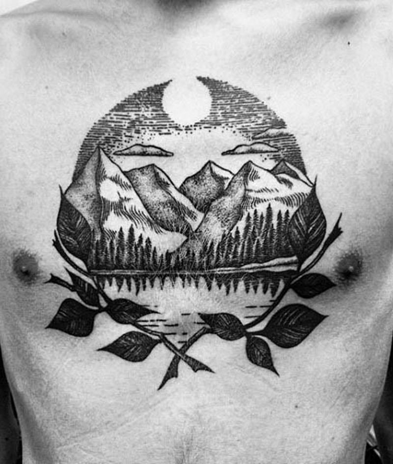 简单黑色山水风景胸部纹身图案