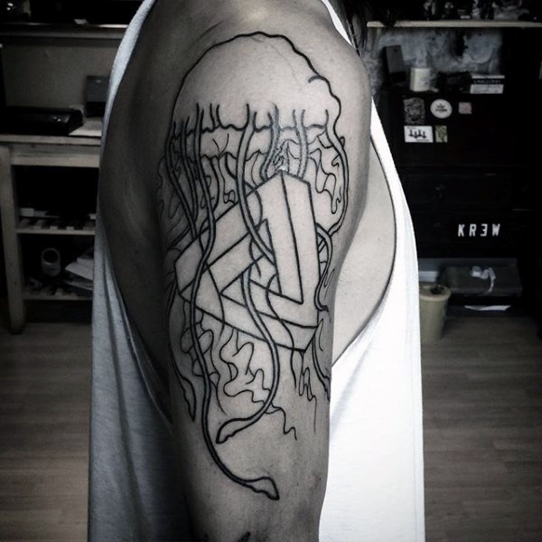 大臂简单的黑色线条水母与符号纹身图案
