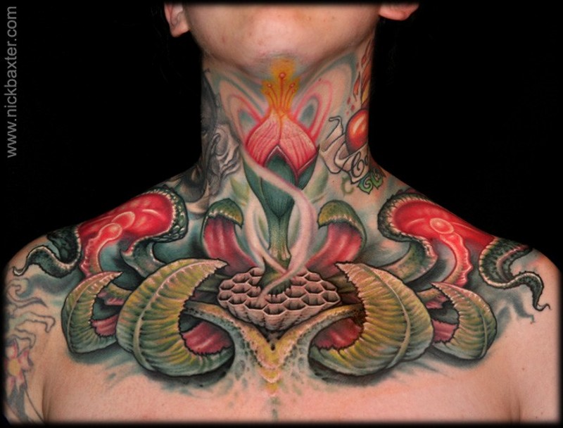 颈部出色的设计五彩神秘的花朵纹身图案