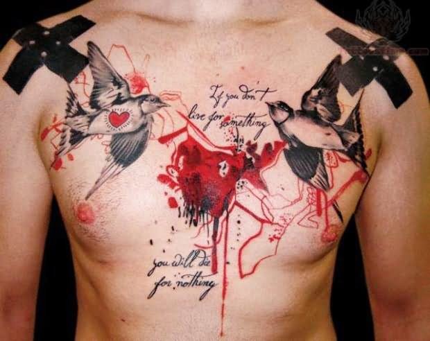 胸部燕子心形字母彩绘纹身图案
