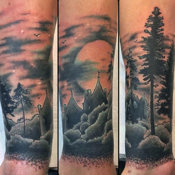 黑灰卡通城堡和森林手臂纹身图案