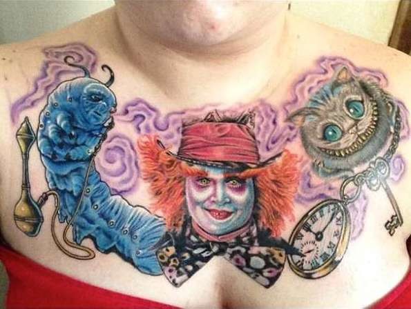 胸部彩绘爱丽丝梦游仙境各种角色纹身图案