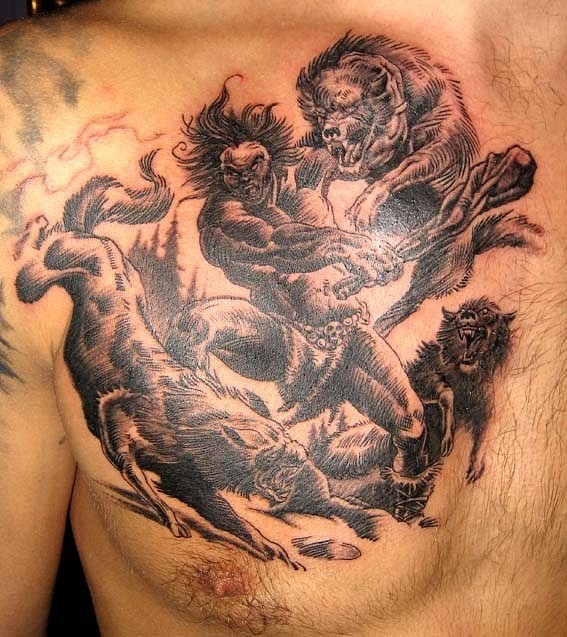 胸部狂怒战士与狼战斗纹身图案
