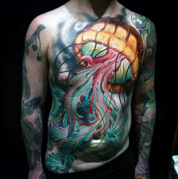 胸部和腹部new school彩绘大型水母纹身图案