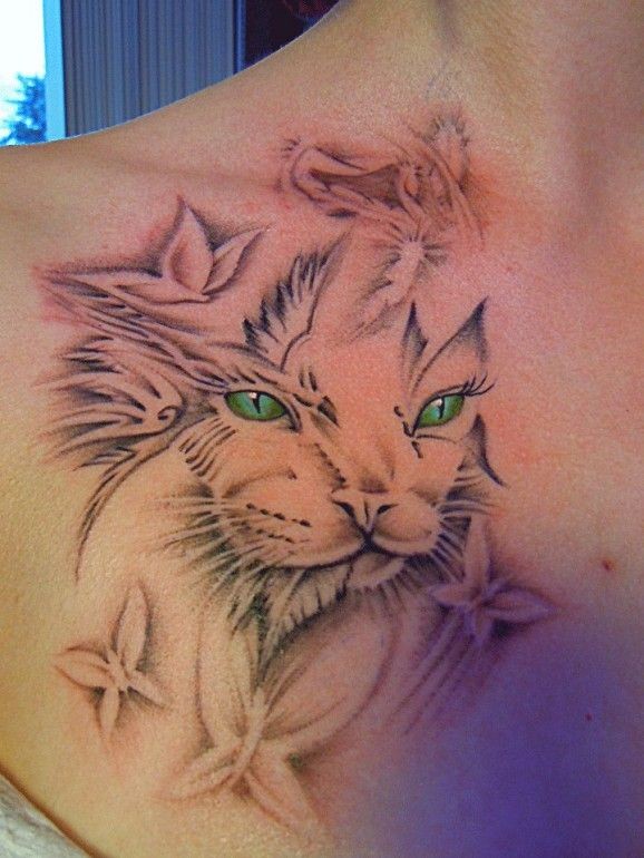 黑灰猫咪和绿色眼睛肩部纹身图案