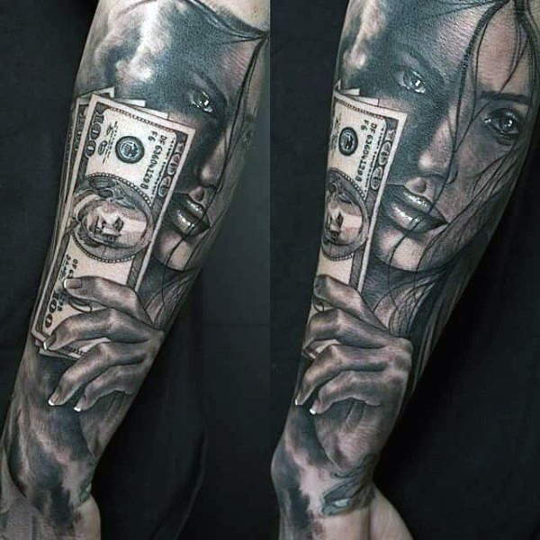 小臂黑白女性肖像与美元纹身图案