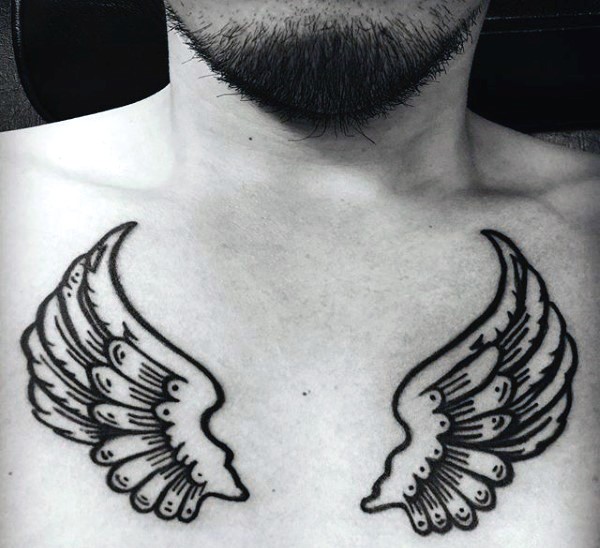 胸部简单黑色线条翅膀纹身图案